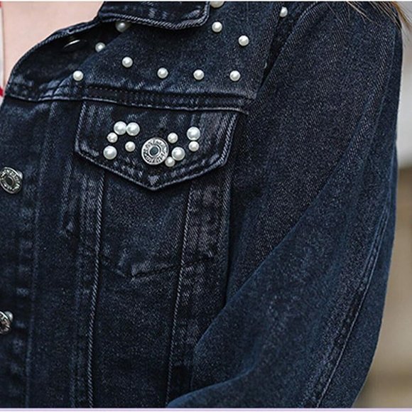 Womens Wash Denim Jackets Large Black White Mid Length Decorated With Pearls - Picture 4 of 16